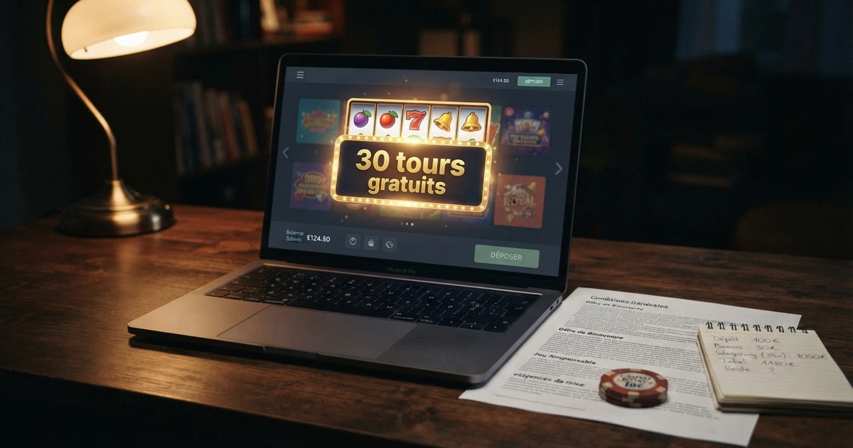 Capture d'écran d'une offre de 30 free spins sans dépôt sur l'interface d'un casino en ligne