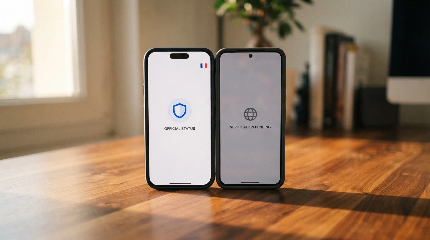 Deux téléphones côte à côte : l'un porte une pastille d'agrément, l'autre une page sans logo officiel
