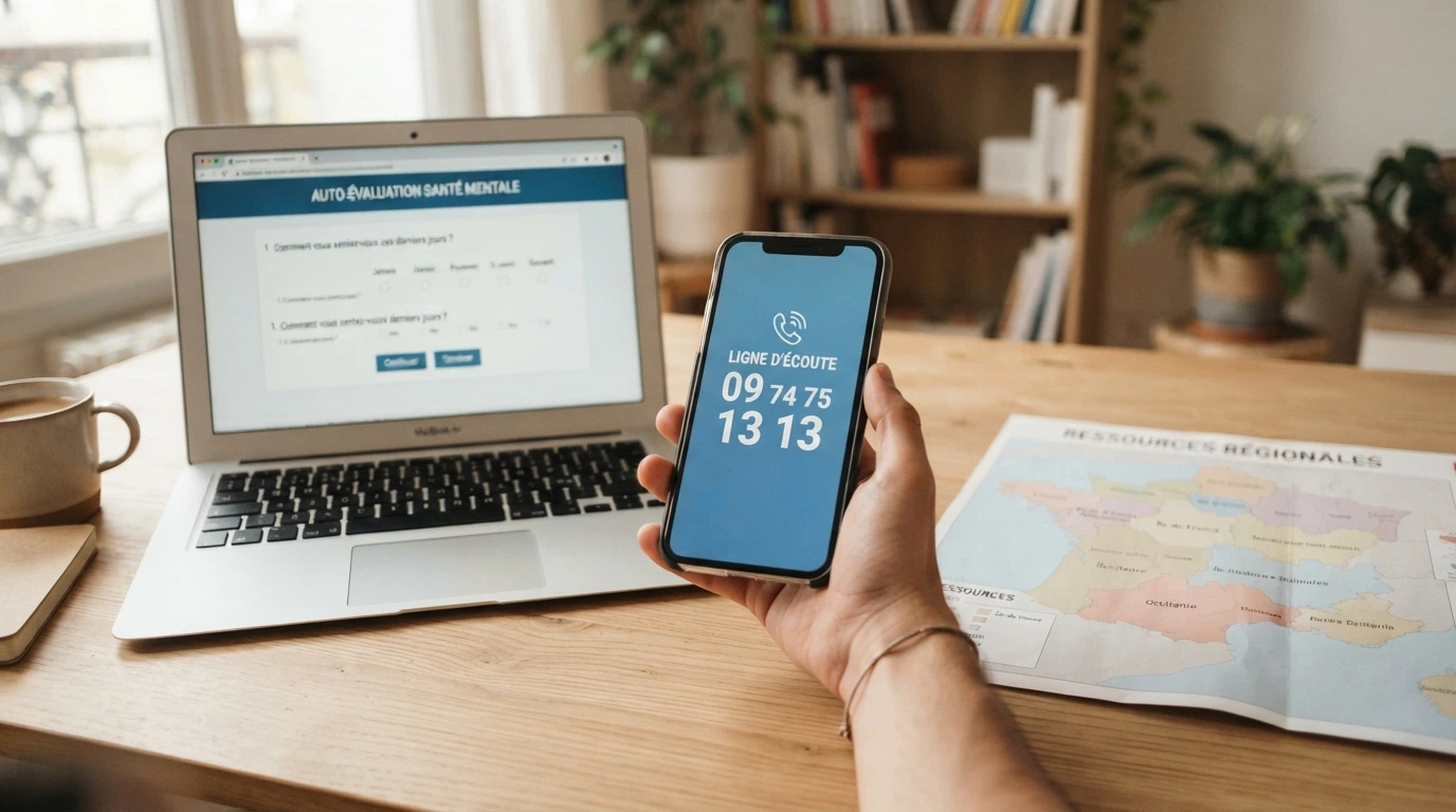Un téléphone affichant le numéro de Joueurs Info Service, posé à côté d'une carte de France et d'un écran montrant l'interface d'auto-évaluation Evalujeu