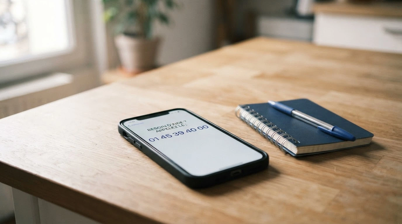 Un téléphone posé sur une table à côté d'un bloc-notes, l'écran affichant un numéro d'aide aux joueurs.