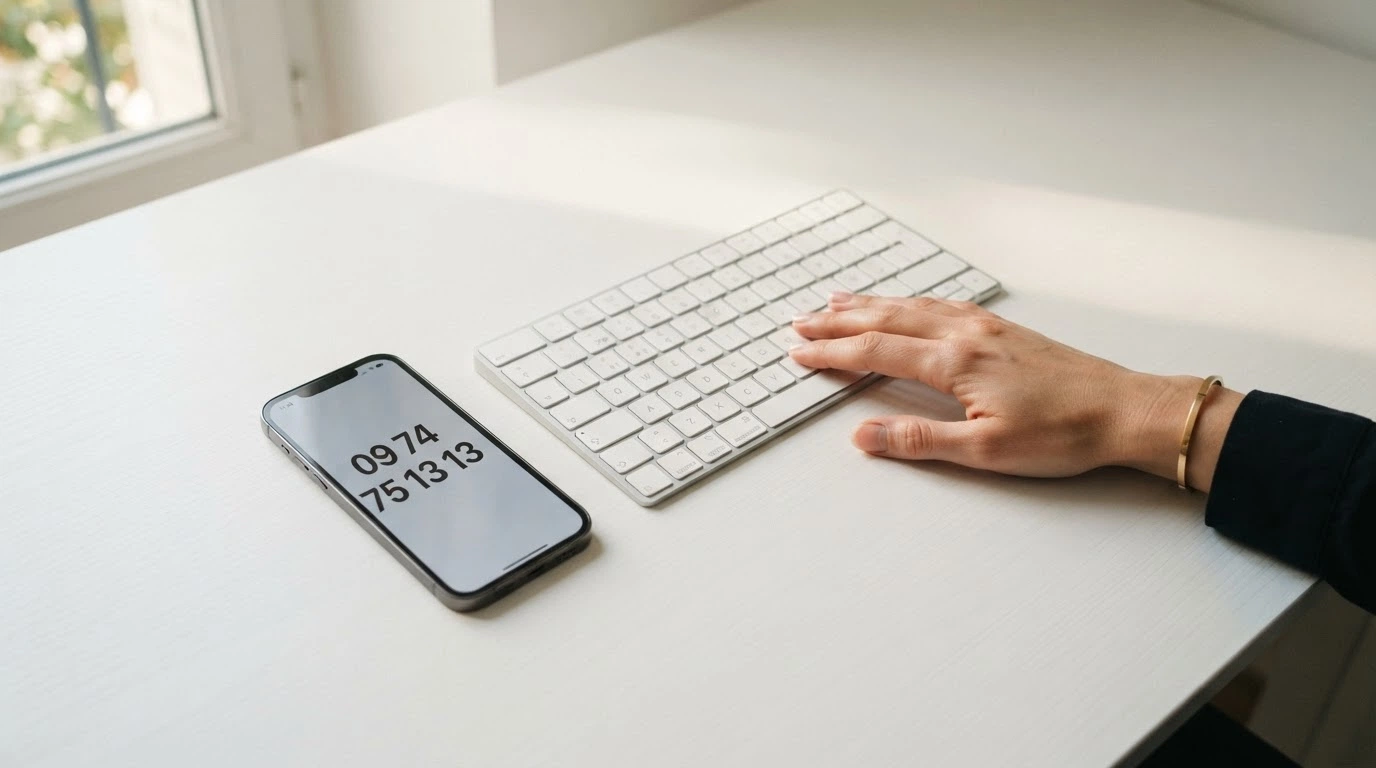 Une main posée sur un clavier à côté d'un téléphone, avec le numéro de Joueurs Info Service visible.