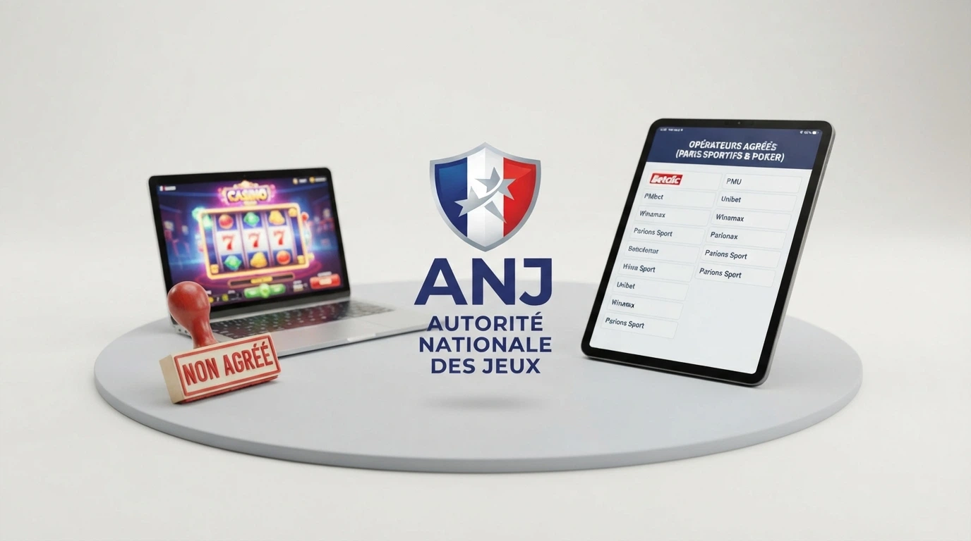 Le logo de l'ANJ sur fond blanc, à côté d'un écran affichant la liste officielle des opérateurs agréés et un tampon « Non agréé » sur une page de casino en ligne