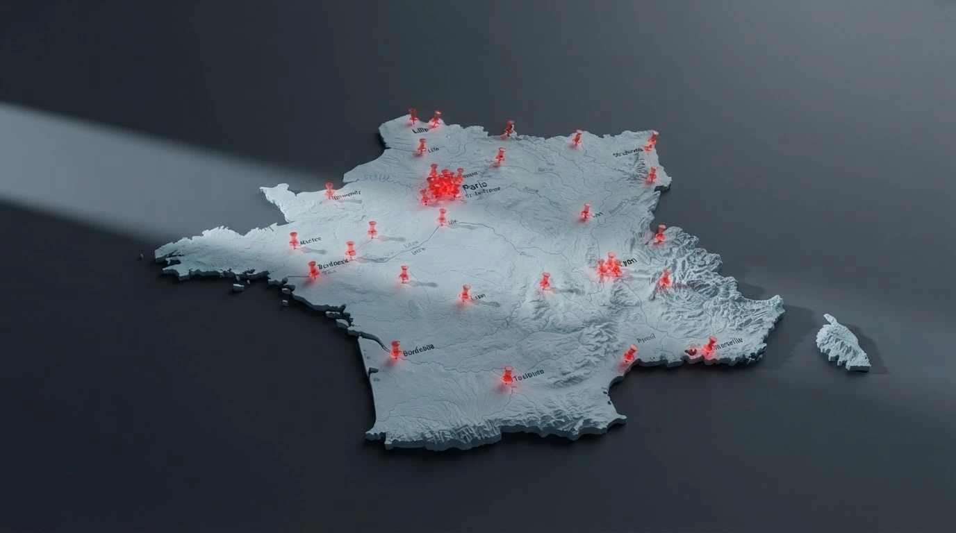 Une carte de la France avec des points représentant des sites de casino bloqués par l'ANJ et le logo de l'Autorité nationale des jeux