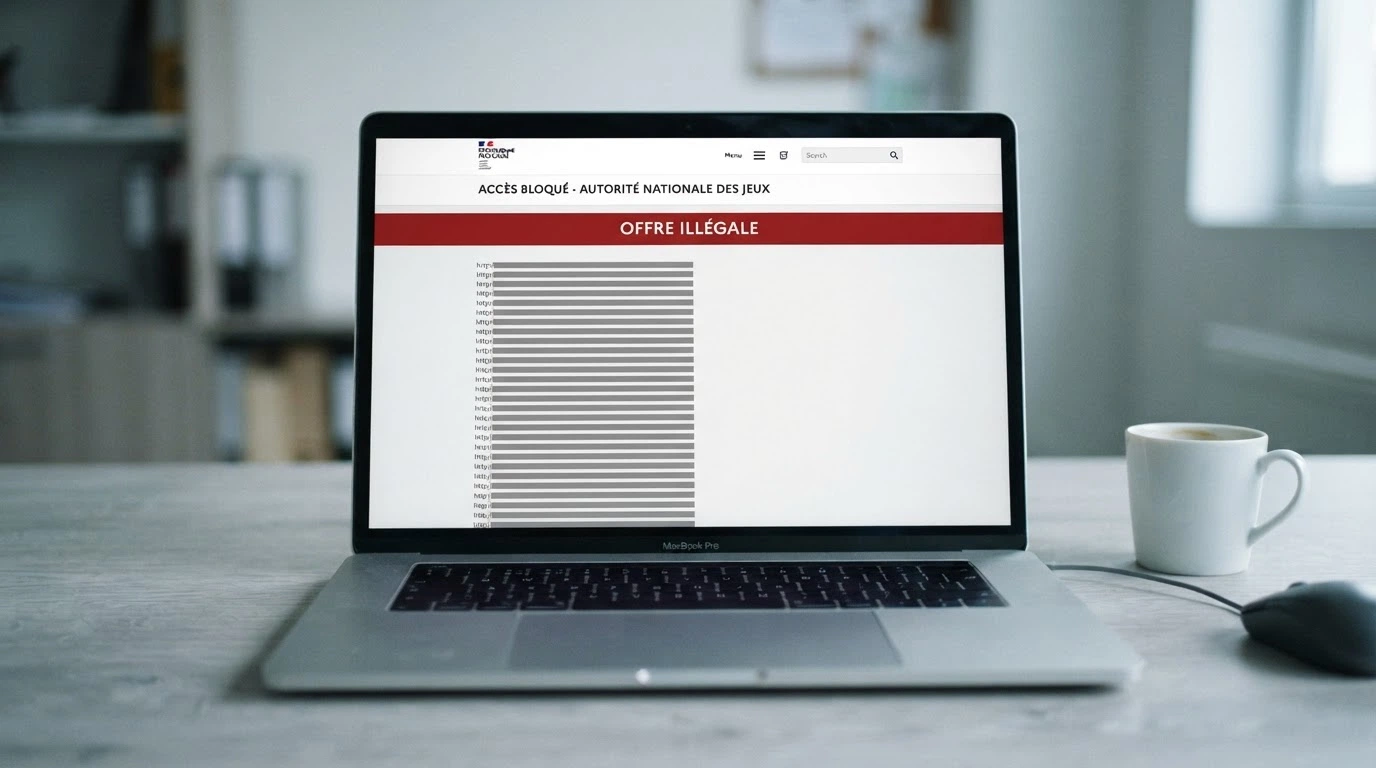 Capture d'écran de la page d'accueil du site de l'ANJ montrant un bandeau d'avertissement « offre illégale » et la liste noire des sites bloqués