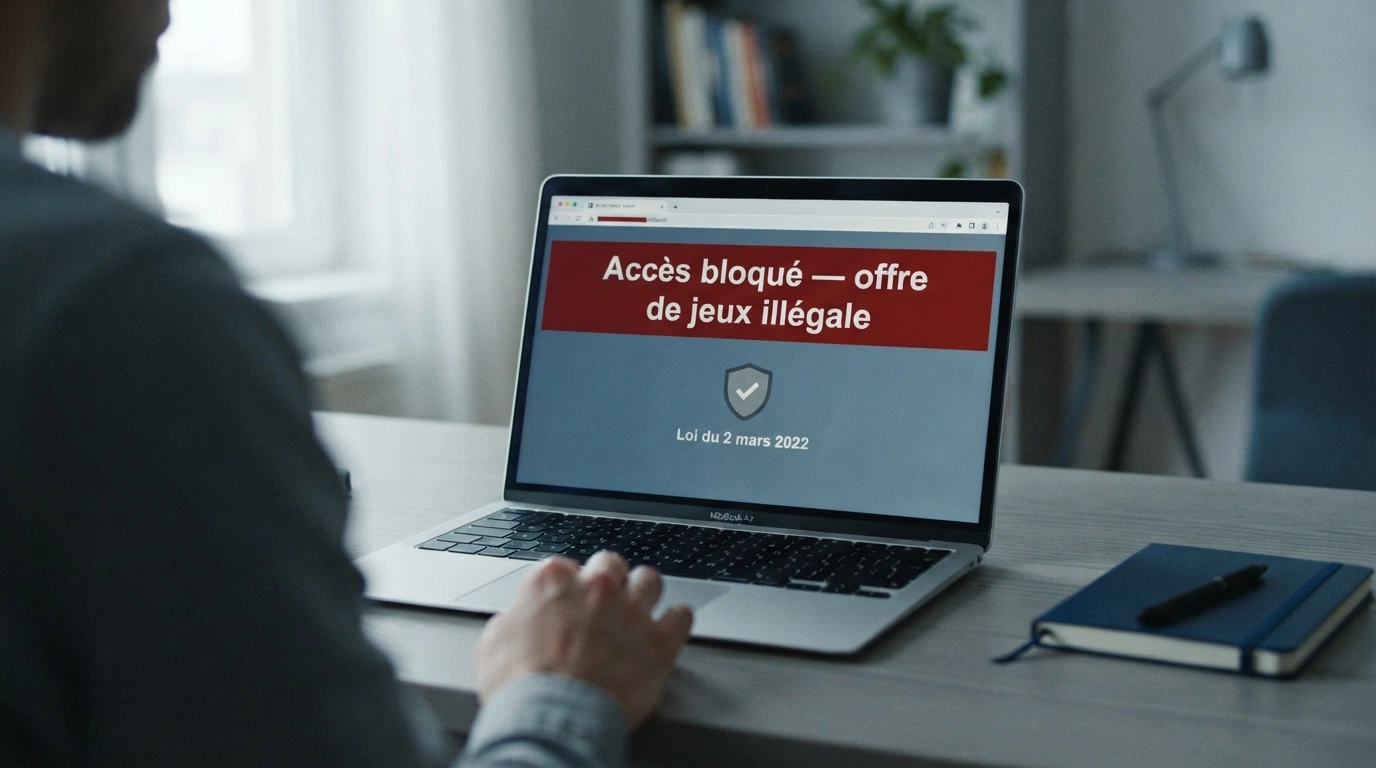 Un écran affichant le message « Accès bloqué — offre de jeux illégale » avec le logo de l'ANJ et la mention « Loi du 2 mars 2022 »