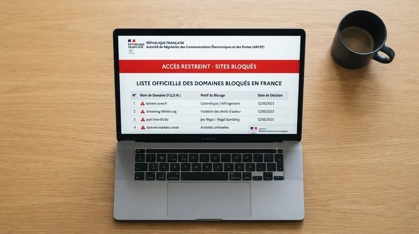 Capture d'écran de la page officielle de l'ANJ listant les sites de casino bloqués et la procédure de mise en demeure