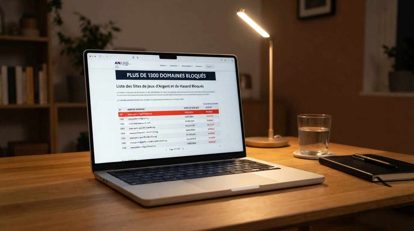 Capture d'écran de la page officielle de l'ANJ listant les sites de jeux d'argent bloqués avec la mention du nombre total de blocages