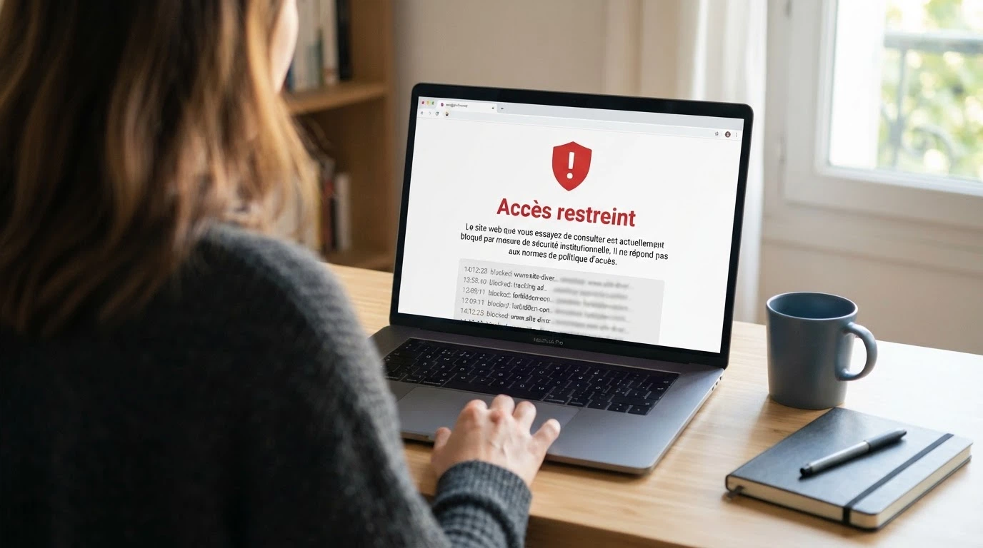 Logo de l'ANJ juxtaposé à une liste d'URL barrées symbolisant les sites bloqués