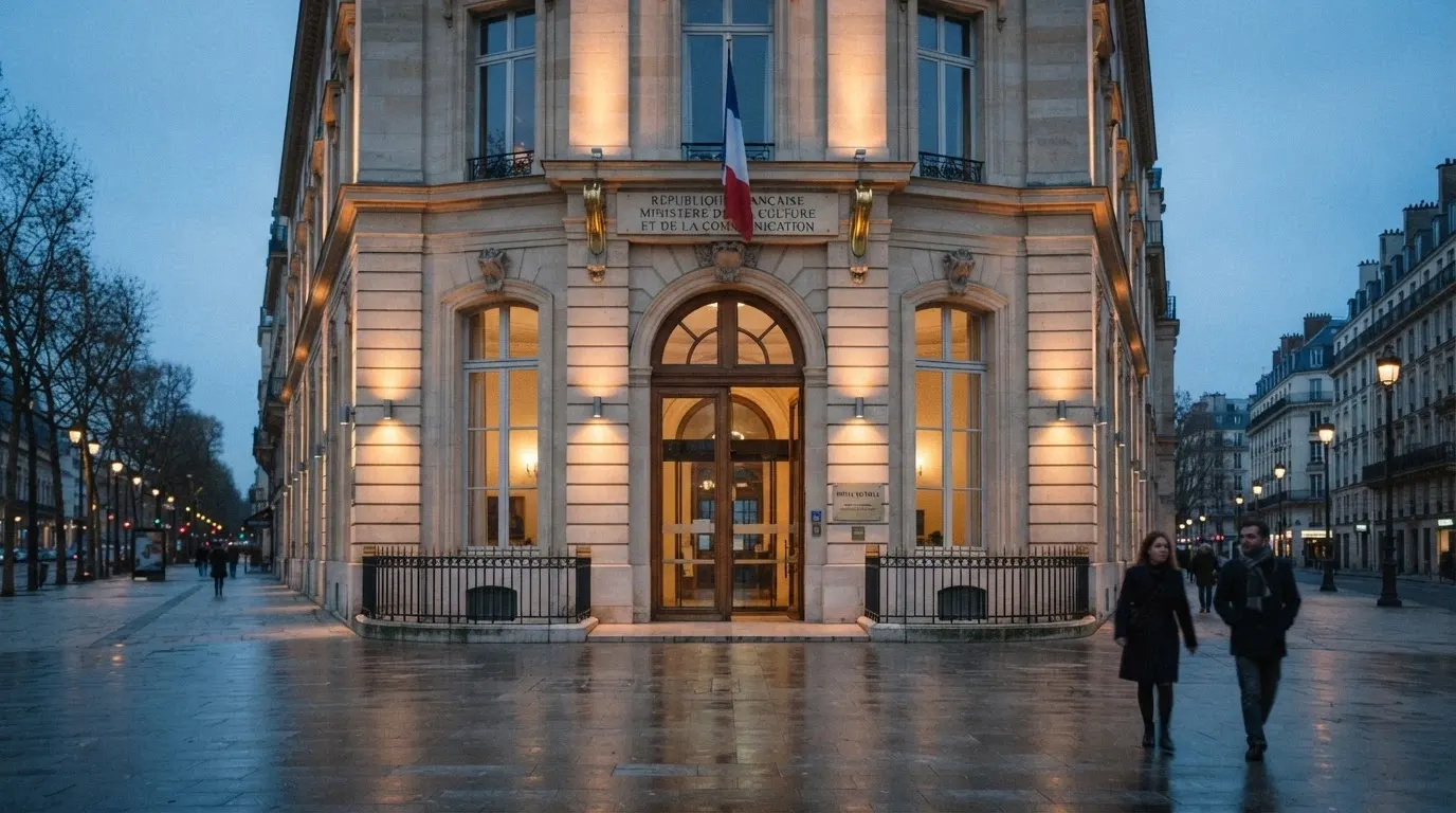 La façade vitrée du siège de l'Autorité nationale des jeux à Paris, avec le logo ANJ