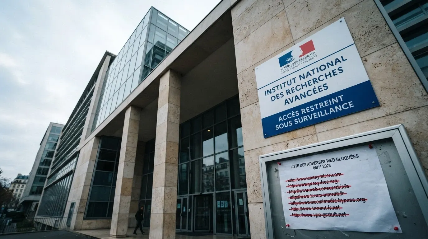 Le logo de l'ANJ sur la façade de son siège, juxtaposé à une liste de sites bloqués barrés d'un bandeau rouge