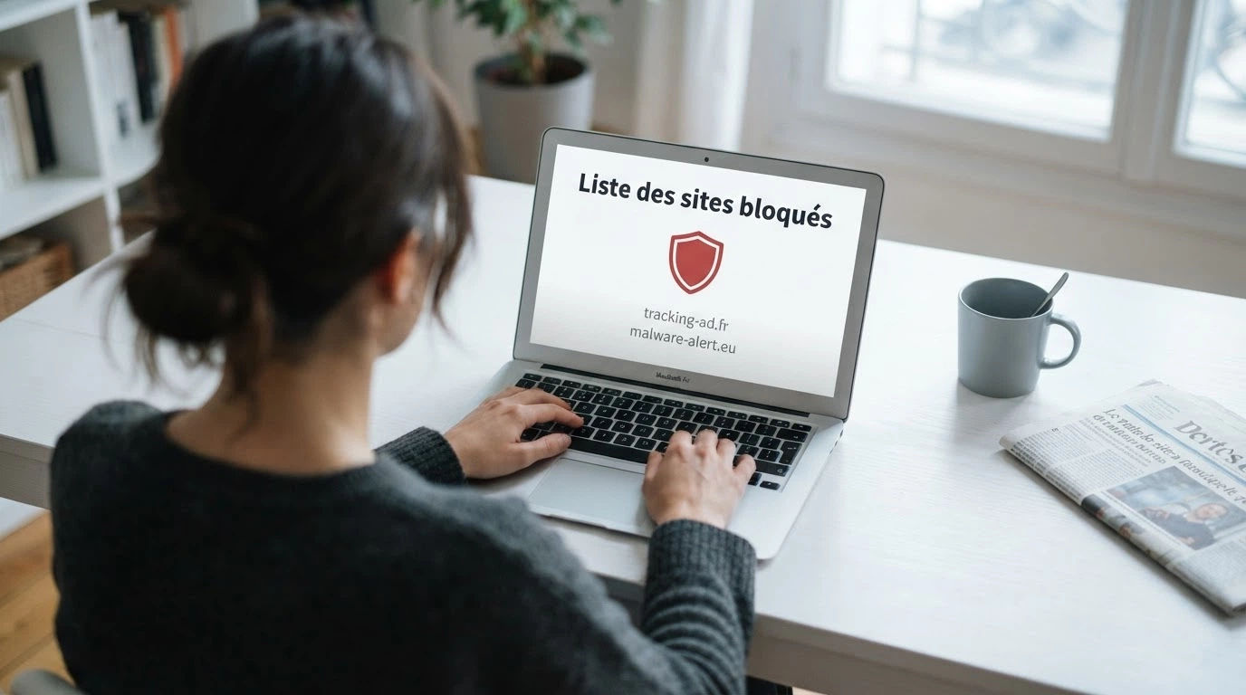 Capture d'écran du site anj.fr montrant la liste noire des sites de jeux bloqués, avec le logo de l'ANJ visible, sur un écran d'ordinateur