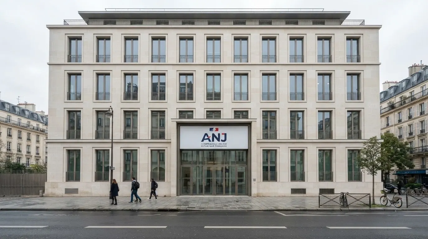 La façade du siège de l'Autorité nationale des jeux à Paris, avec le logo de l'ANJ visible