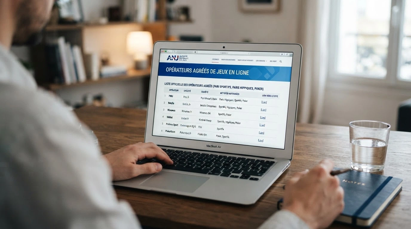 Interface du site anj.fr affichant la liste des opérateurs agréés et le cadre légal des jeux d'argent en ligne en France