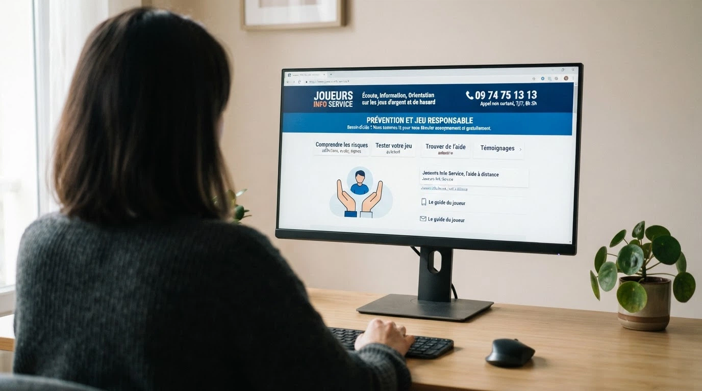 Page d'accueil du site de l'ANJ sur un écran, avec un bandeau « Joueurs Info Service » et le numéro d'aide visible