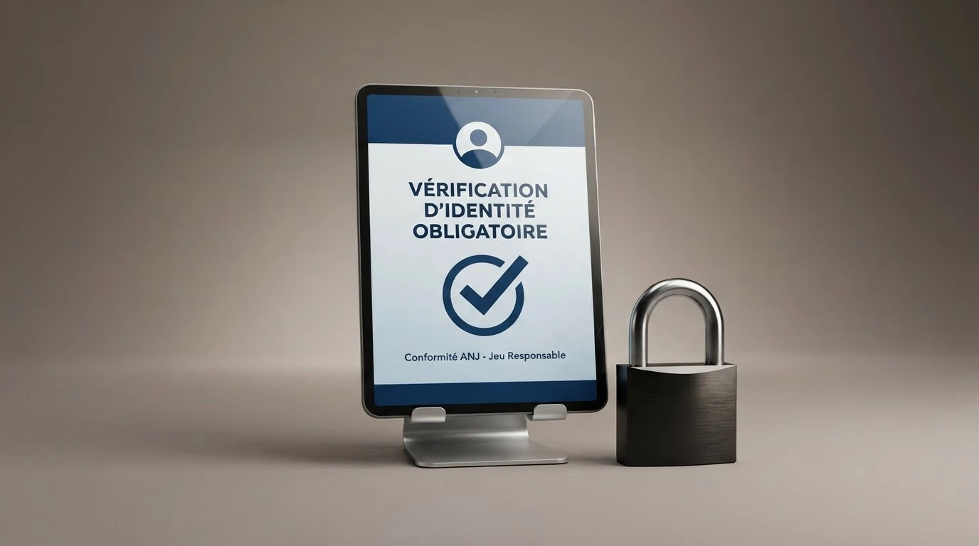 Le logo de l'ANJ sur fond de documents officiels, écran affichant une vérification d'identité
