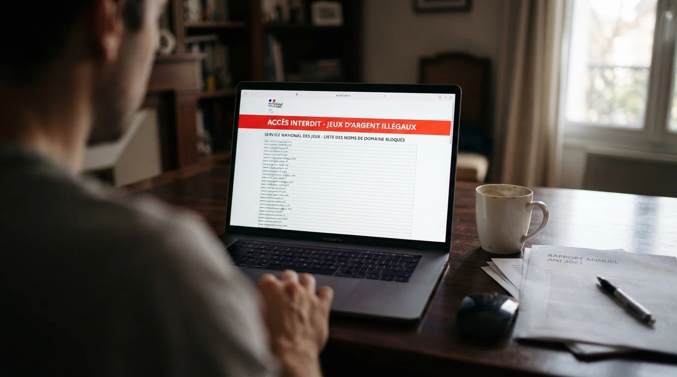 Une capture d’écran du site de l’ANJ montrant la liste noire des casinos bloqués, avec un bandeau d’avertissement officiel en français.