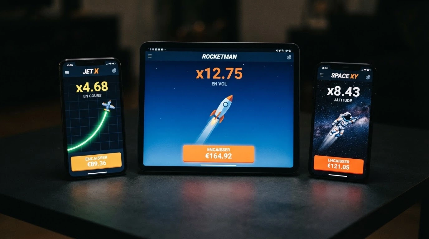 Les interfaces d'Aviator, JetX et Spaceman présentées côte à côte, chacune avec son compteur de multiplicateur et son bouton de retrait