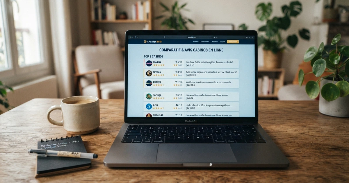Interface d'un site d'avis de casinos en ligne affichant des évaluations, des notes et un classement d'opérateurs