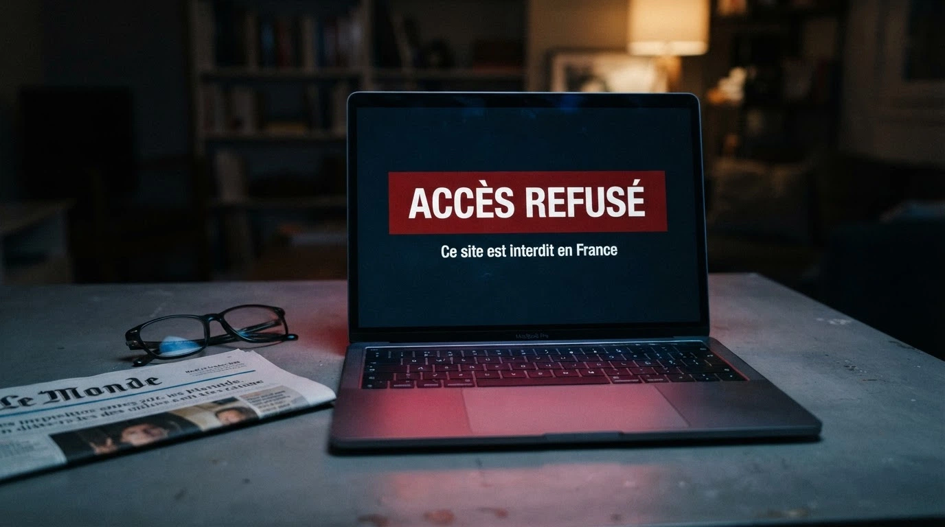 Une page de mise en garde de l'ANJ affichant un message de blocage sur l'écran d'un ordinateur, avec le logo de l'autorité et la mention « site interdit ».