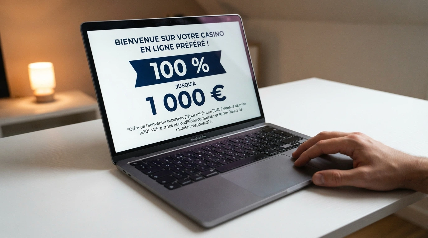 Une interface de casino en ligne affichant une offre de bienvenue avec son pourcentage, son montant maximum et sa condition de mise en petits caractères