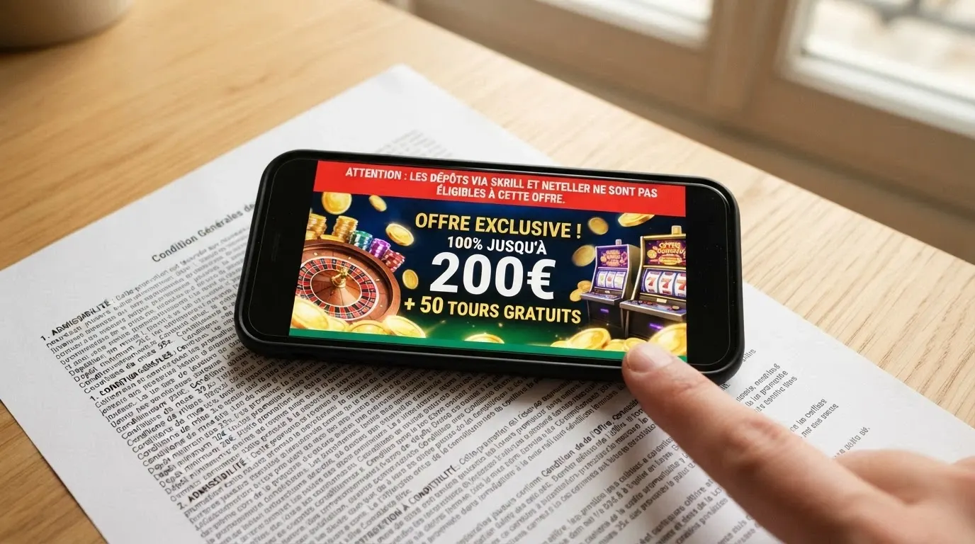 Un bandeau promotionnel de casino en ligne barré de la mention « Skrill exclu » en rouge, posé sur une capture d'écran de conditions de bonus