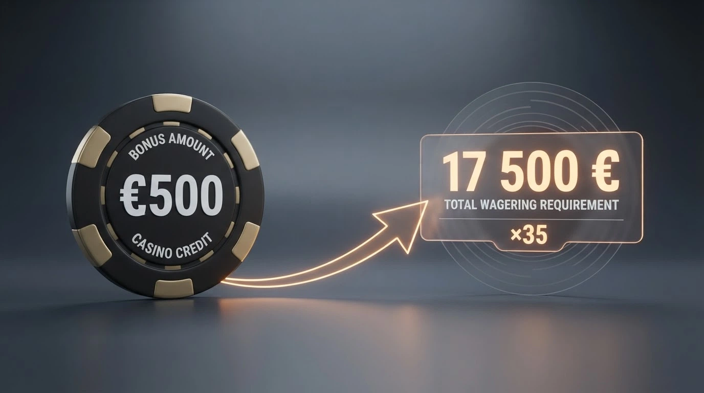 Une illustration pédagogique montrant un bonus de 500 € transformé en 17 500 € de turnover par le multiplicateur de mise ×35