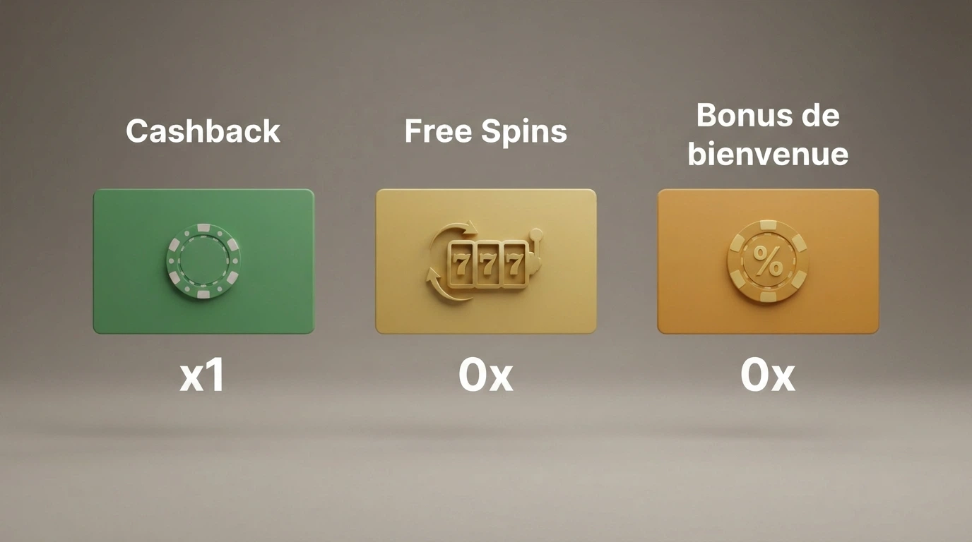 Trois formes de bonus sans wager — cashback, free spins et bonus de bienvenue — comparées côte à côte