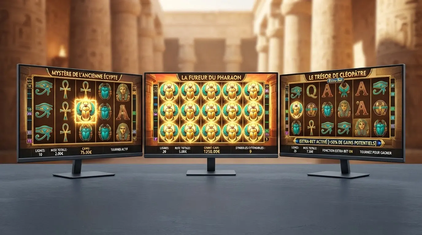 Les trois interfaces de Book of Ra Deluxe, Magic et Deluxe 6 côte à côte sur un fond de temple égyptien