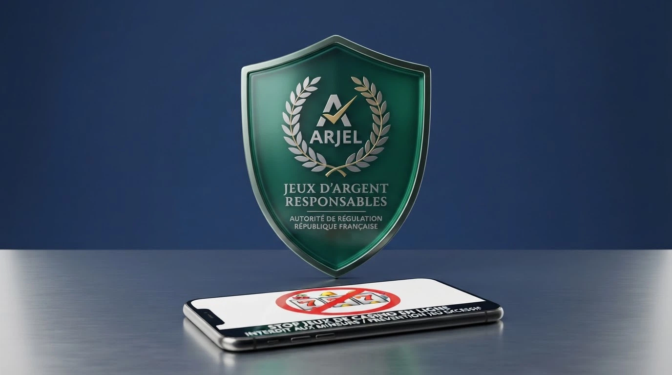 Le logo de l'Autorité Nationale des Jeux sur un fond institutionnel, à côté d'un écran barré symbolisant l'interdiction des machines à sous en ligne