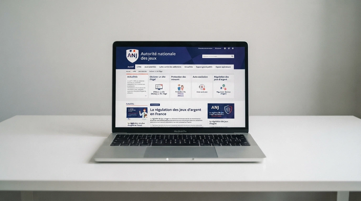 Page d'accueil du site de l'ANJ affichée sur un écran, avec le bandeau officiel « Autorité nationale des jeux » visible