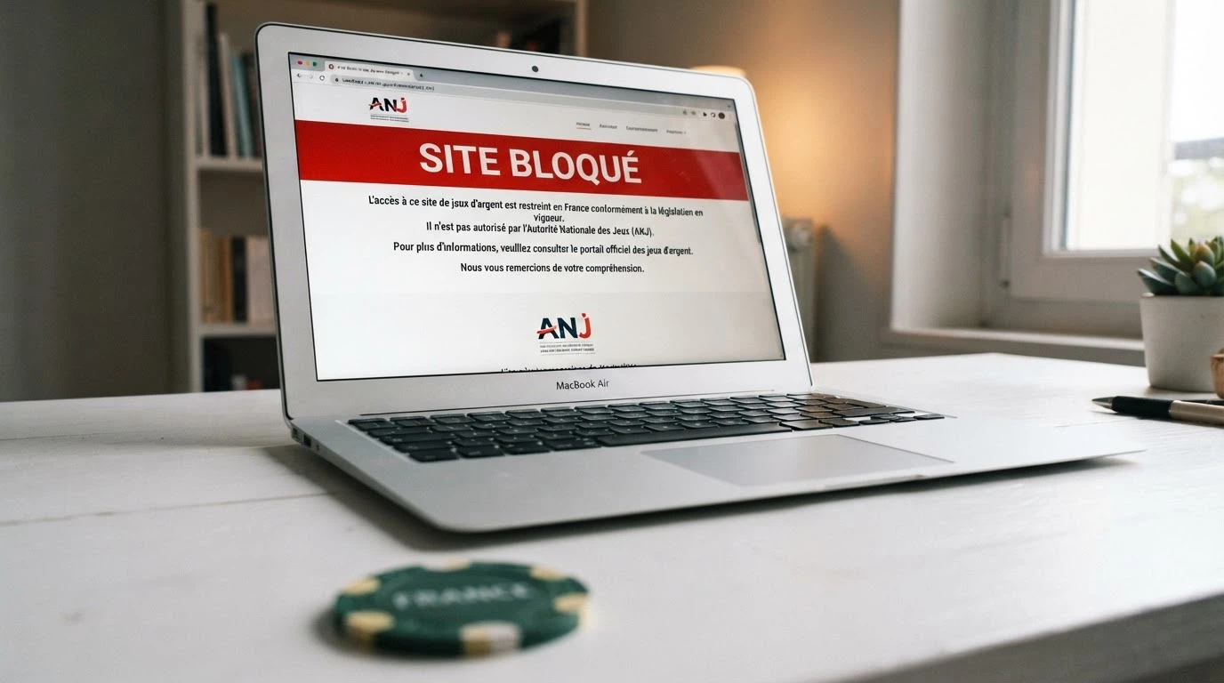 Le logo de l'ANJ affiché sur l'écran d'un ordinateur portable, avec une carte Mastercard à côté et un document officiel en arrière-plan