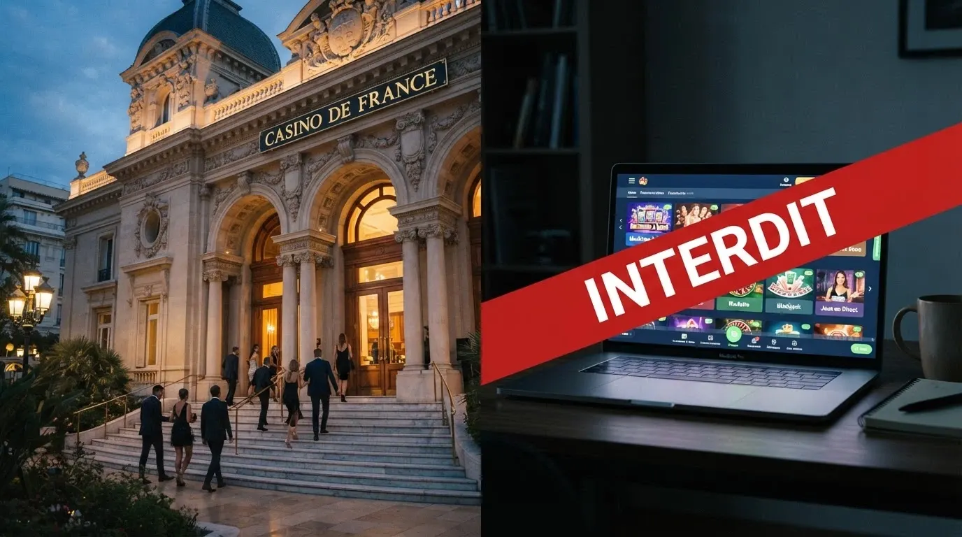 Écran partagé : à gauche, la façade d'un casino terrestre français avec le logo ANJ ; à droite, un écran d'ordinateur affichant un casino en ligne barré d'un bandeau rouge.