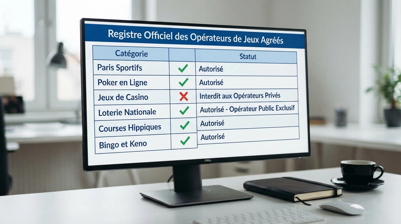 Interface du registre des opérateurs agréés de l'ANJ montrant les catégories de jeux autorisées en France