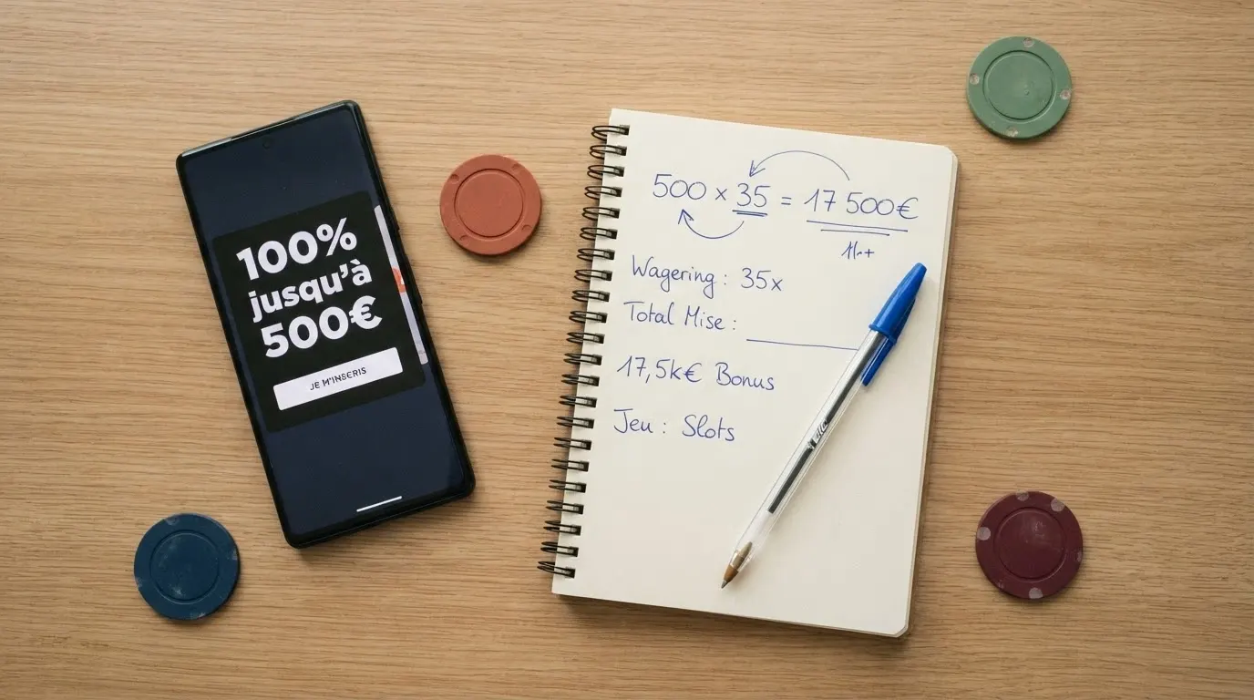 Une calculatrice posée à côté d'un écran affichant une offre de bonus « 100 % jusqu'à 500 € », avec une pile de jetons et un contrat en petits caractères