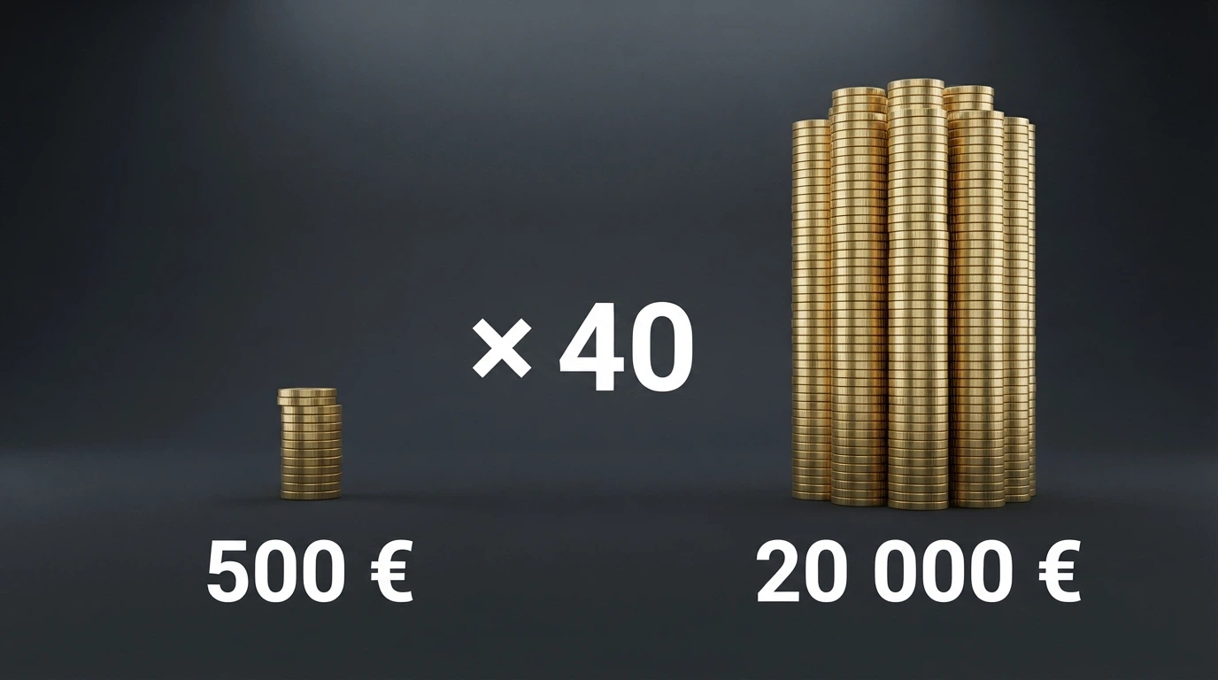 Schéma illustrant le calcul d'un wagering : un bonus de 500 € multiplié par un coefficient de 40 donne 20 000 € de mise requise avant tout retrait