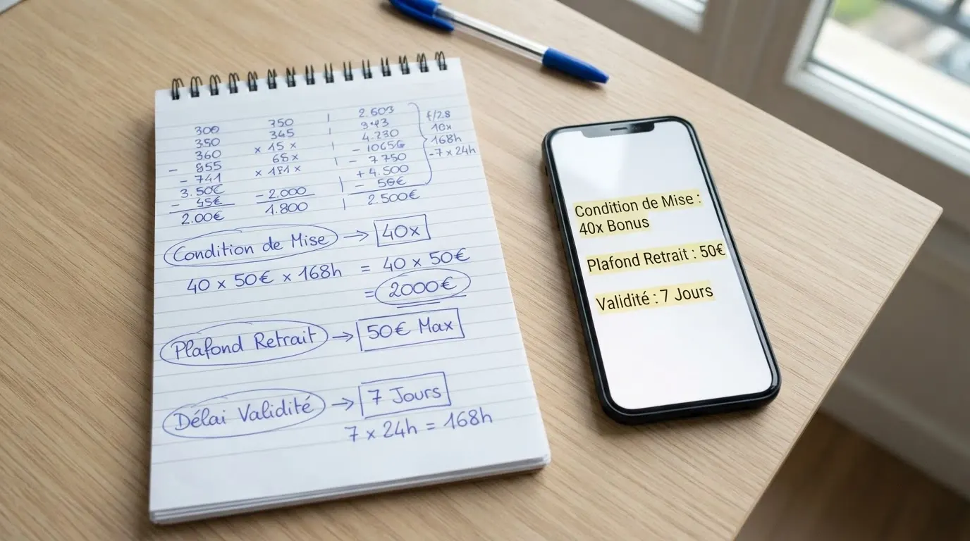 Une calculette posée à côté d'un écran affichant les petites lignes de conditions d'un bonus de casino, avec trois chiffres entourés : mise ×40, plafond 50 €, 7 jours