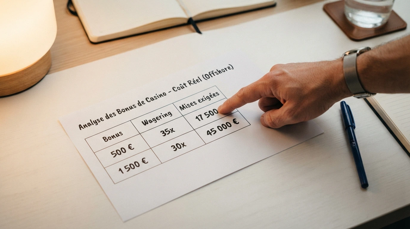 Feuille de calcul avec le détail d'un bonus de 500 €, un multiplicateur 35x, et le montant total des mises exigées avant retrait