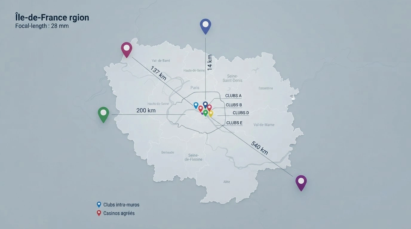 Carte de la région parisienne indiquant l'emplacement des clubs de jeux intra-muros et des casinos terrestres accessibles depuis la capitale