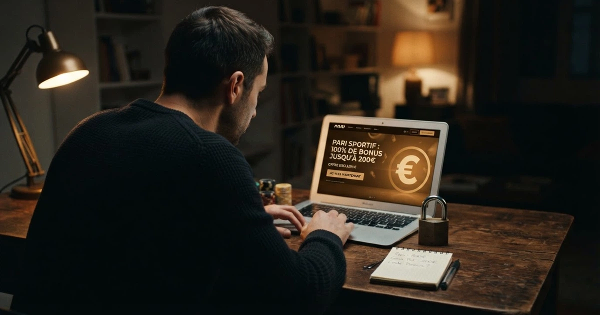 Un joueur consulte une offre de bonus 200 % sur l'écran d'un casino en ligne, une calculatrice et un verrou apparaissent en surimpression