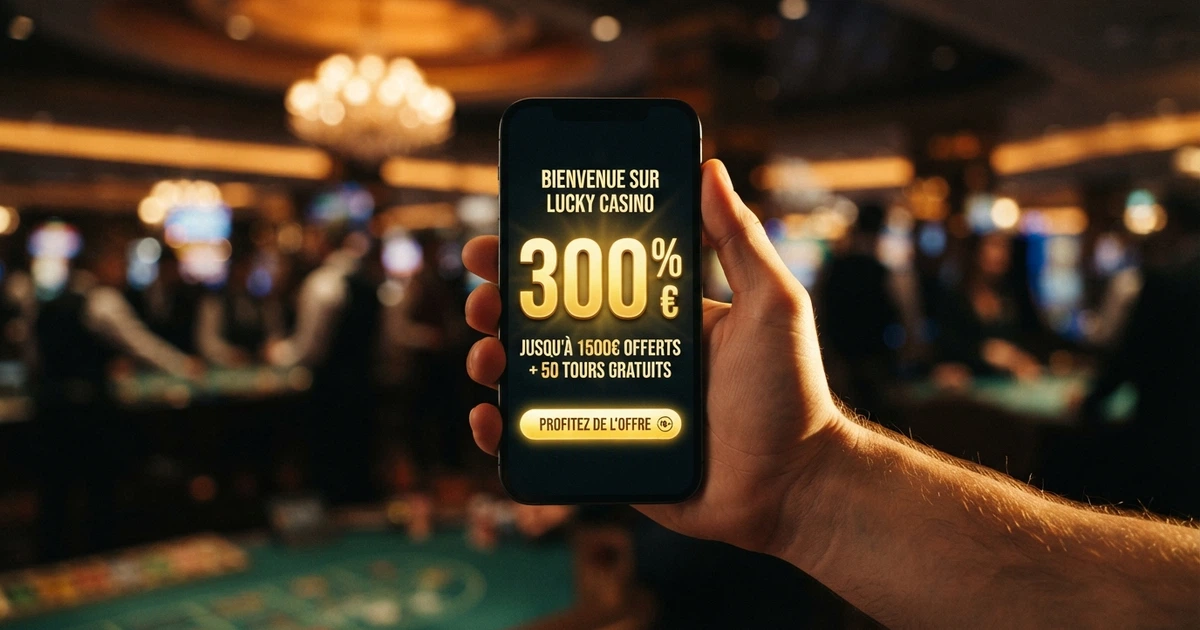 Capture d'écran d'un casino en ligne affichant une offre de bonus de bienvenue avec un pourcentage de match surligné