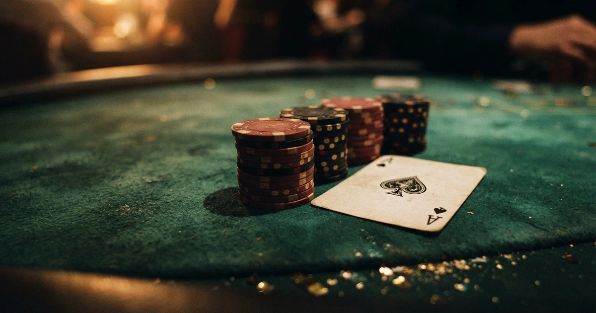 Un bandeau festif sur fond de table de casino noire avec tapis vert, jetons empilés et cartes à jouer, évoquant un bonus d'anniversaire