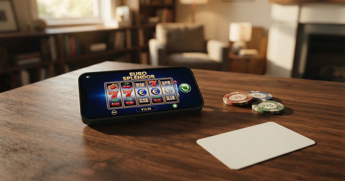 Un smartphone affichant la page d'accueil d'un casino en ligne avec un bouton de dépôt minimum à 10 €, posé sur une table à côté de pièces de monnaie et d'une carte bancaire.