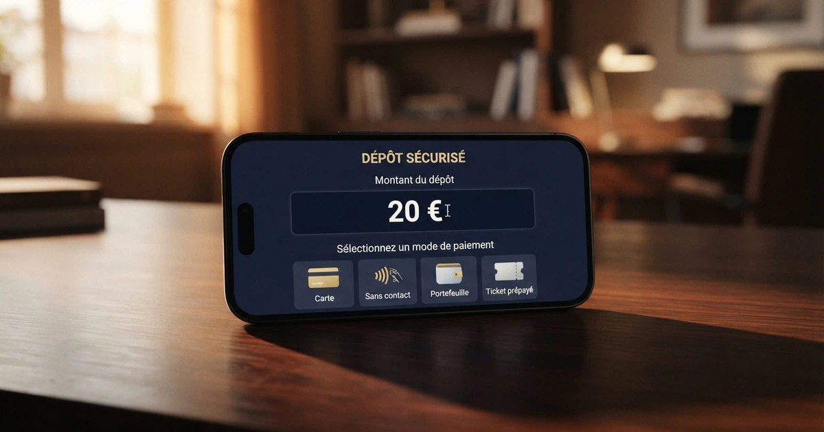Un écran de casino en ligne affichant une page de dépôt avec le montant de 20 euros mis en évidence, à côté d'icônes de méthodes de paiement