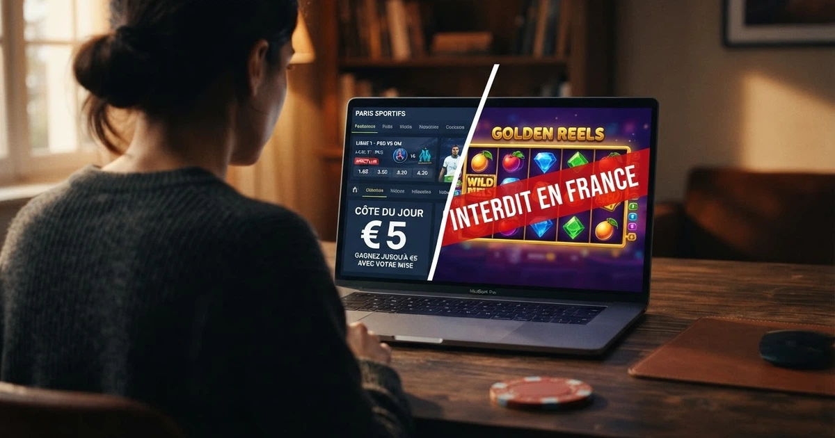 Un écran partagé : d'un côté, l'interface d'un site de paris sportifs affichant un dépôt minimum de 5€ avec le logo ANJ, de l'autre, une machine à sous en ligne barrée d'un bandeau rouge « interdit en France »