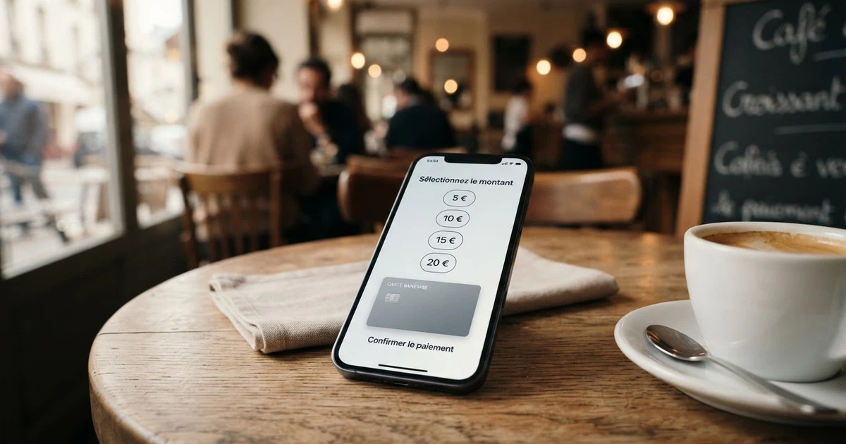 Écran de smartphone affichant une page de paiement par carte bancaire avec les montants 5 €, 10 €, 15 € et 20 €, posé sur une table de café, une tasse à côté