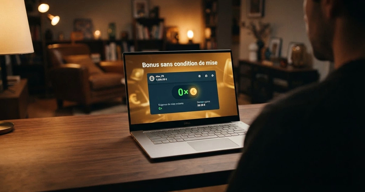 Une interface de casino en ligne mettant en avant une bannière « Bonus sans condition de mise — gains retirables immédiatement » à côté d'un compteur de wagering affichant 0×