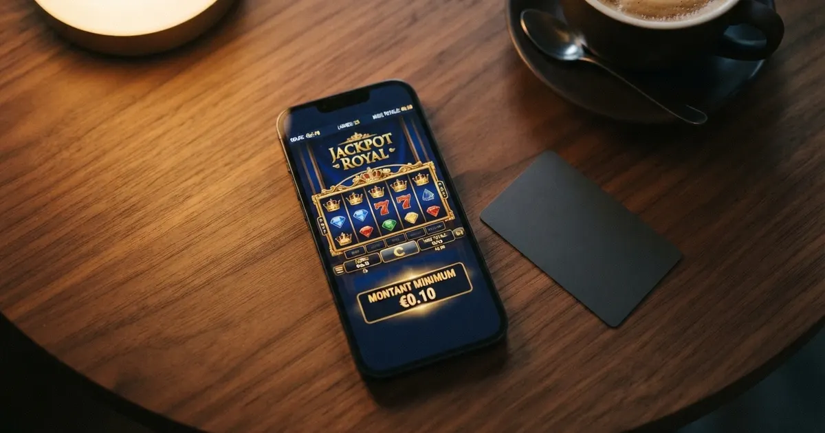 Un écran de smartphone affichant la page d'accueil d'un casino en ligne avec un champ de dépôt marqué « montant minimum », posé sur une table sombre à côté d'une carte bancaire