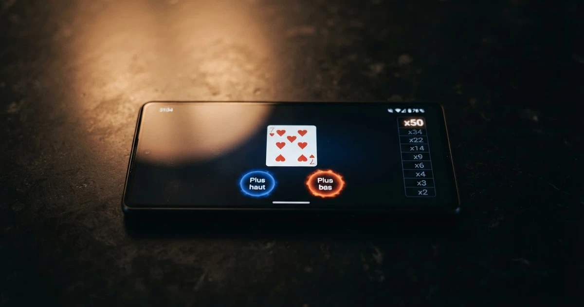 Une interface de jeu Hi-Lo en ligne affichant une carte retournée, les boutons « plus haut » et « plus bas », et une grille de multiplicateurs sur fond sombre
