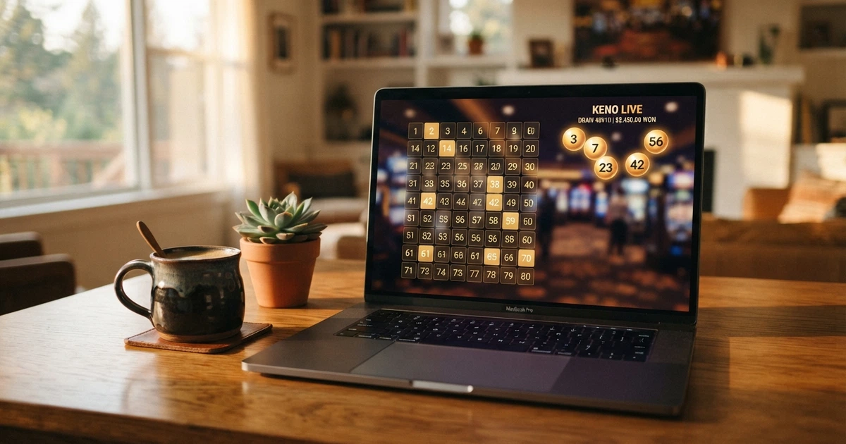 Une grille de keno affichée sur l'écran d'un ordinateur portable, des numéros cochés en surbrillance, un lobby de casino en ligne visible en arrière-plan