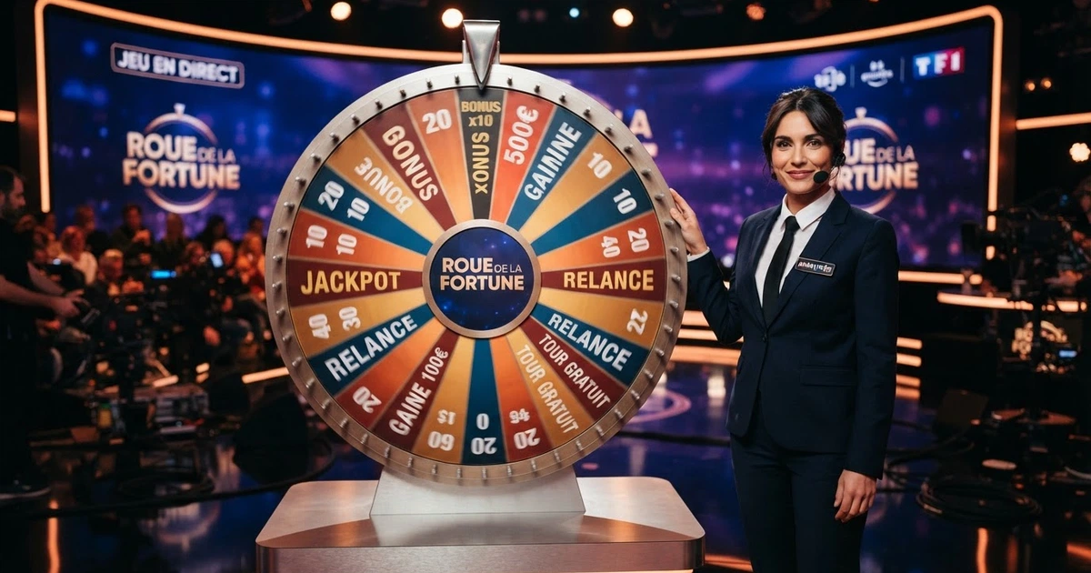 La roue de la fortune du Monopoly Live d'Evolution Gaming, avec ses 54 segments numérotés et bonus, animée par un croupier en direct devant un décor de studio